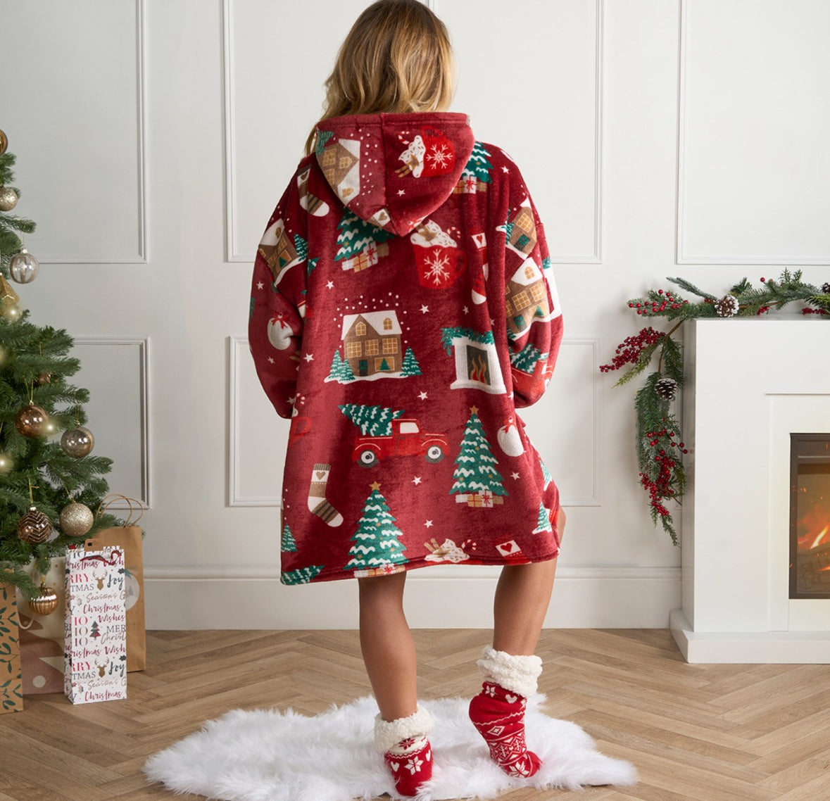 Womens Red Christmas hooded blanket - one size