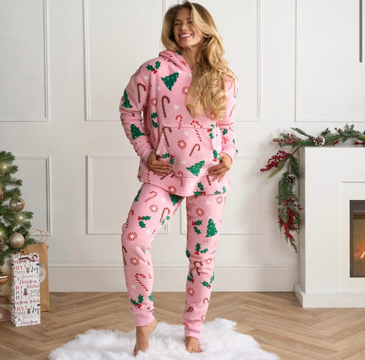 Womens Pink Candy Christmas Fleeced Pyjamas set