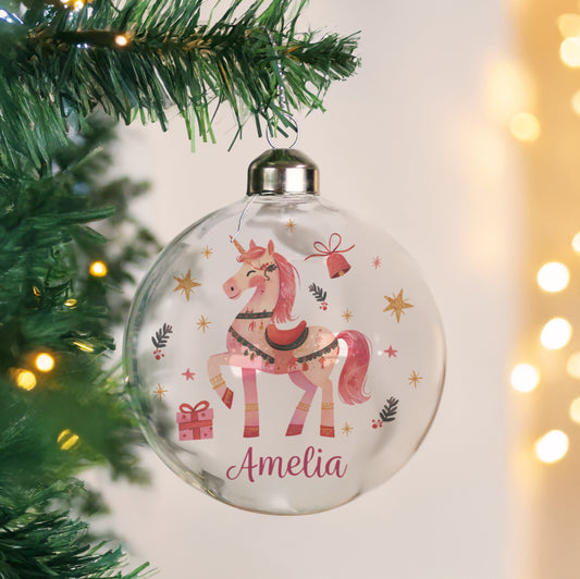 Personalised unicorn christmas glass bauble